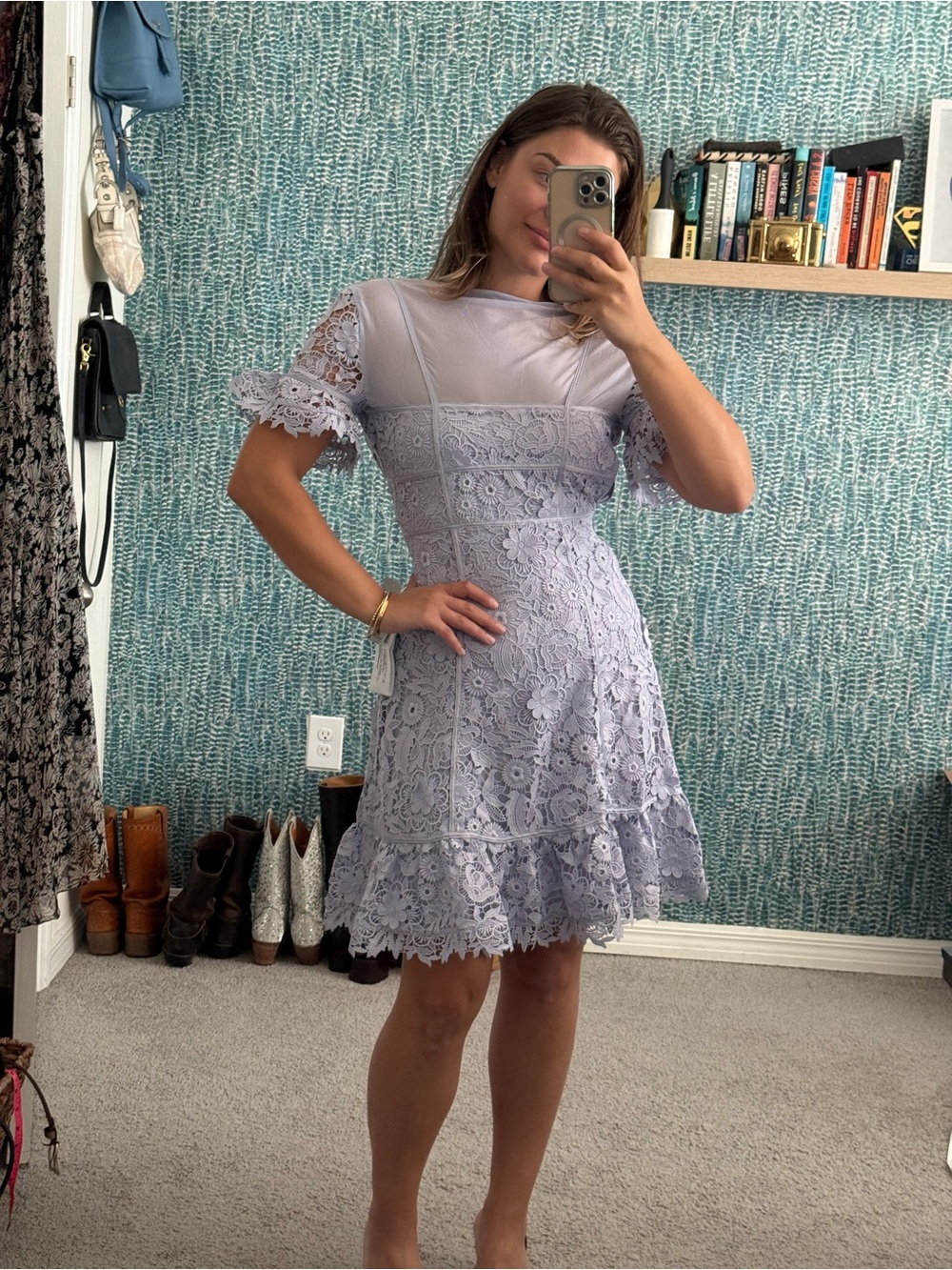 Dress the population Lace Fit-and-Flare Dress in Light Lavender - Picture 3 of 3